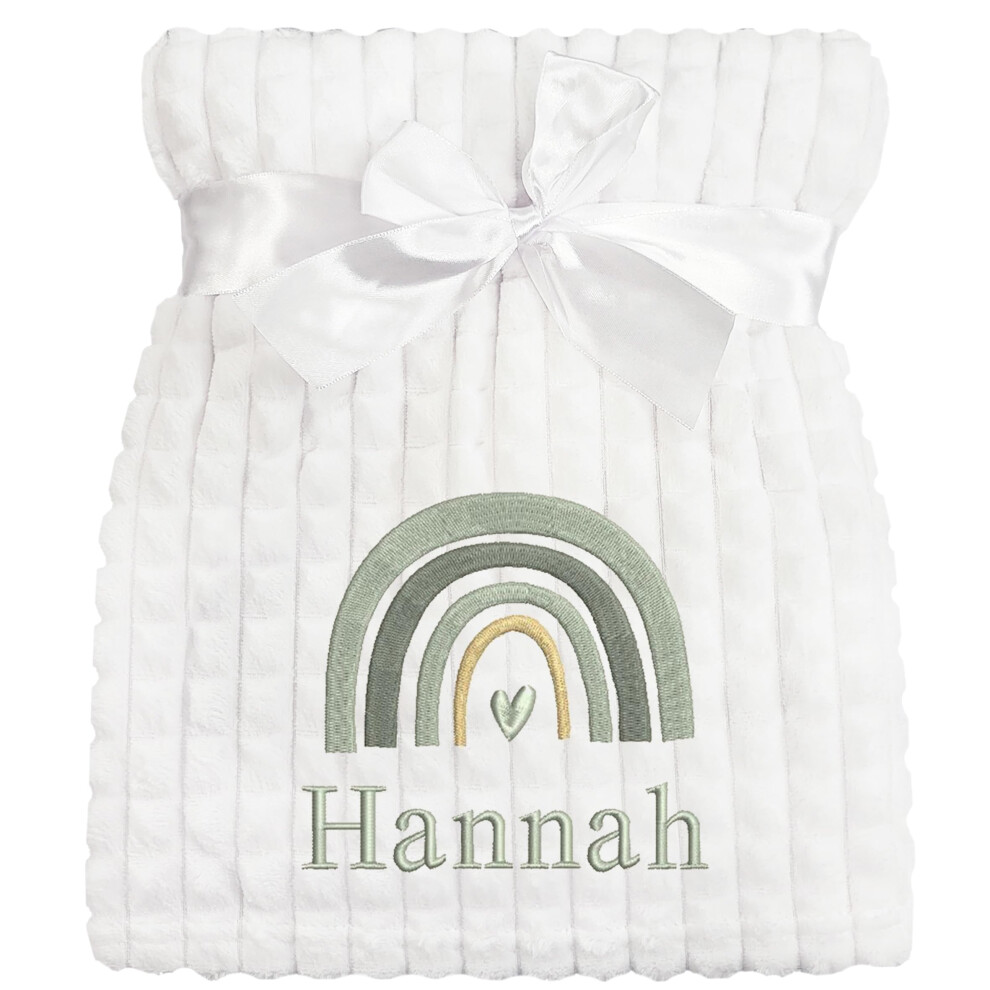 Personalised Baby Blanket Embroidered Rainbow & Name Soft Fleece Wrap ( Rainbow Squares) Grey/White The Baby Box Uk
