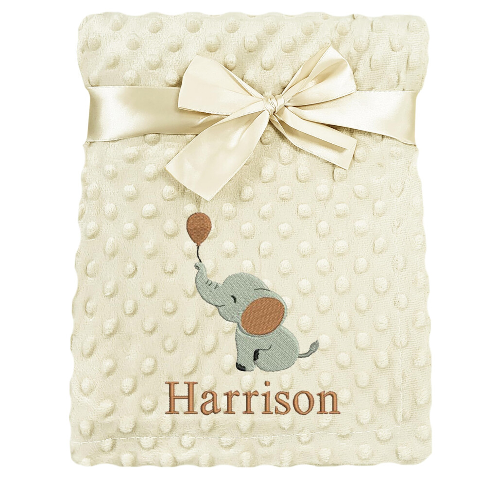 Personalised Baby Bobble Blanket Embroidered Elephant & Name Soft Fleece Wrap Boys Girls ( Bobble) Beige Jjlc
