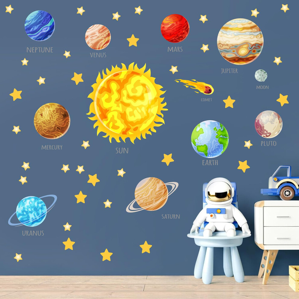 Hpuinb Planet Wall Stickers,The Solar System Wall Stickers For Boys Bedroom,Outer Space Wall Decals For Nursery,Astronaut Stars Wall Art For Kids Bed Hpniub