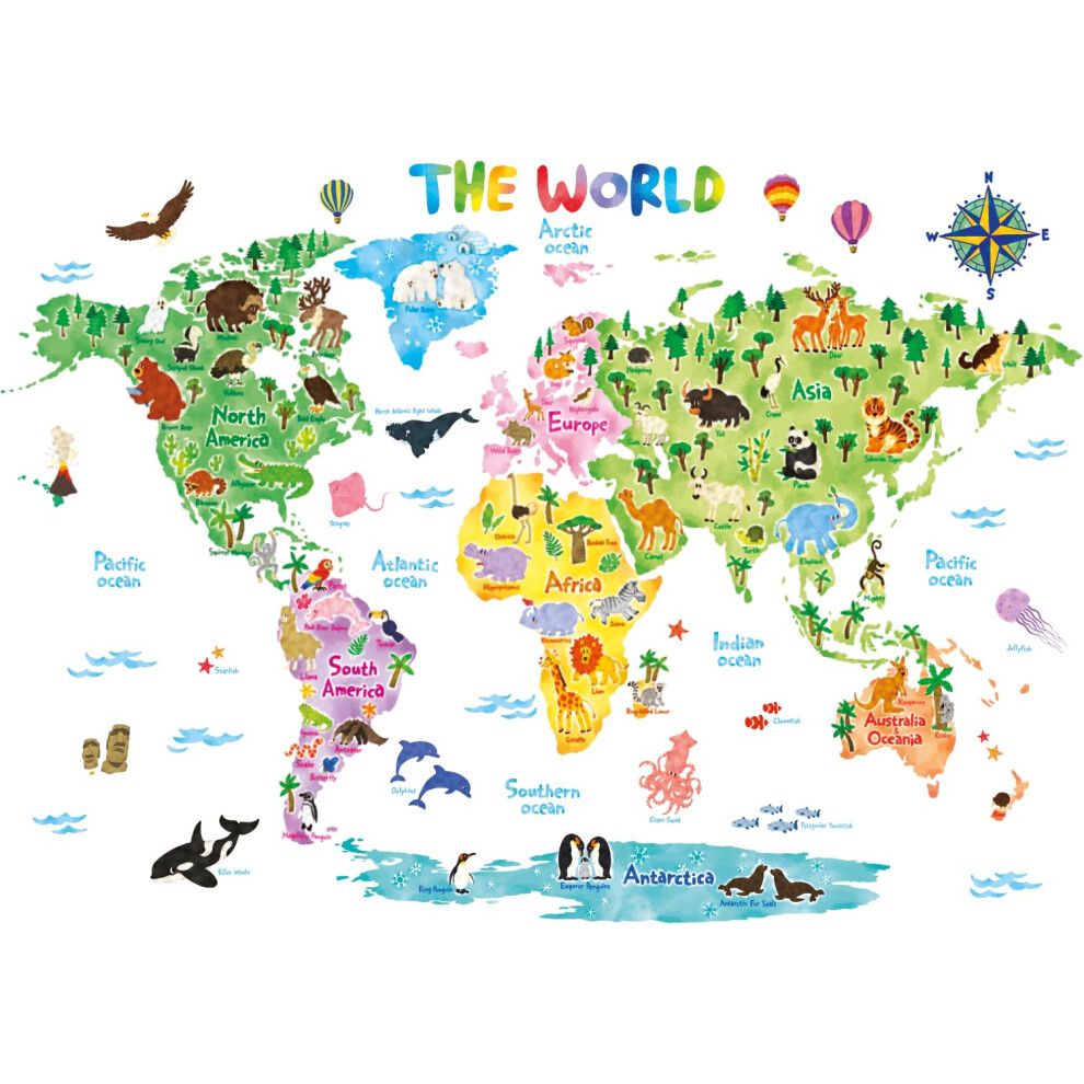 Decowall Dl3-1615 Xlarge Animal World Map Kids Wall Stickers Wall Decals Peel And Stick Removable Wall Stickers For Kids Nursery Bedroom Living Room