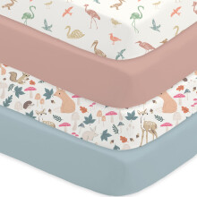 Cot Bed Sheets 140 x 70 cm Fitted, 4 Pack Super Soft Microfiber, OEKO-TEX Certified Forest Animals & Birds Cot Sheets, Blush & Blue Toddler Bed Sheet