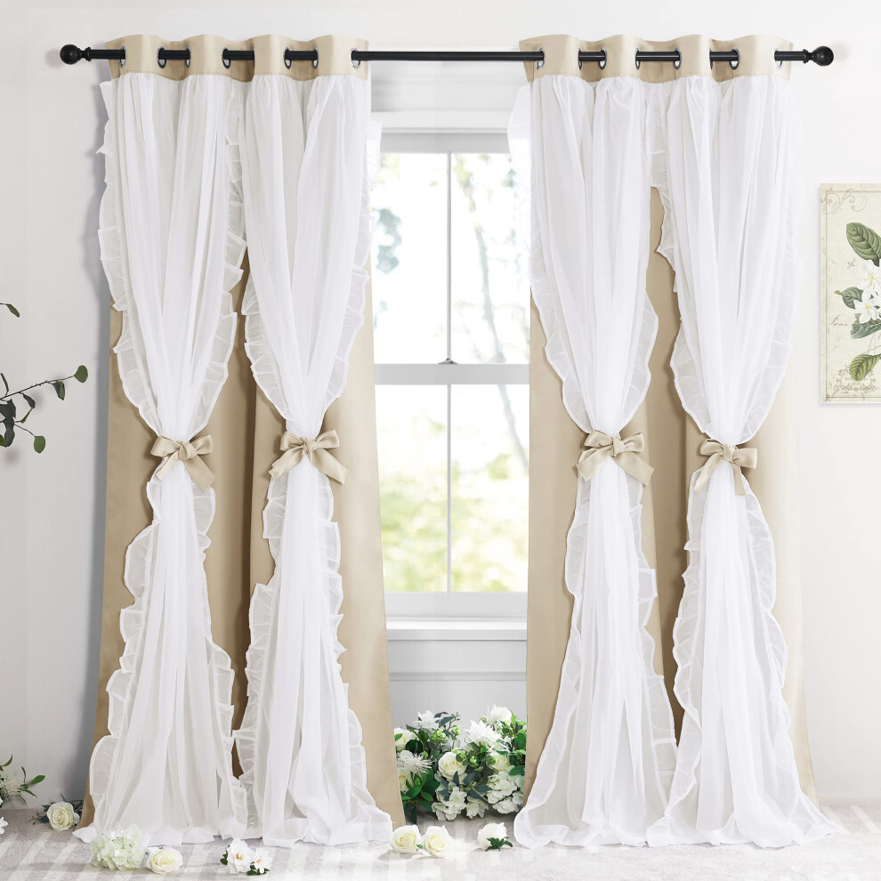 Pony Dance Biscotti Beige Curtains For Girls Bedroom, Decorative Double Layer Curtains With Ruffle Sheer Overlay For Kids, Pretty Chic Princess Dream
