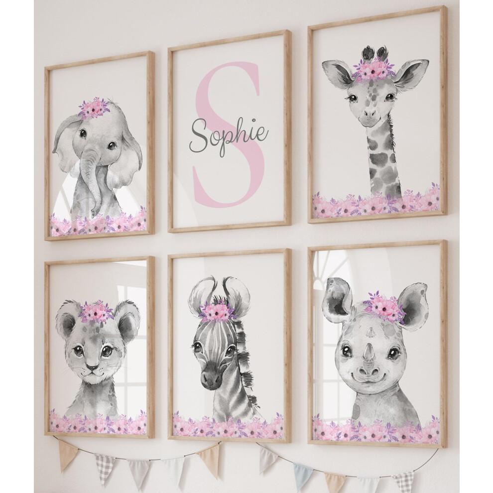 Safari Animals Baby Girls Nursery Bedroom Prints Unframed Set Of 6 Personalised, Or Flowers, Wall Art Decor Gift Present In Giraffe Purple/Pink/Grey Eviepops Prints