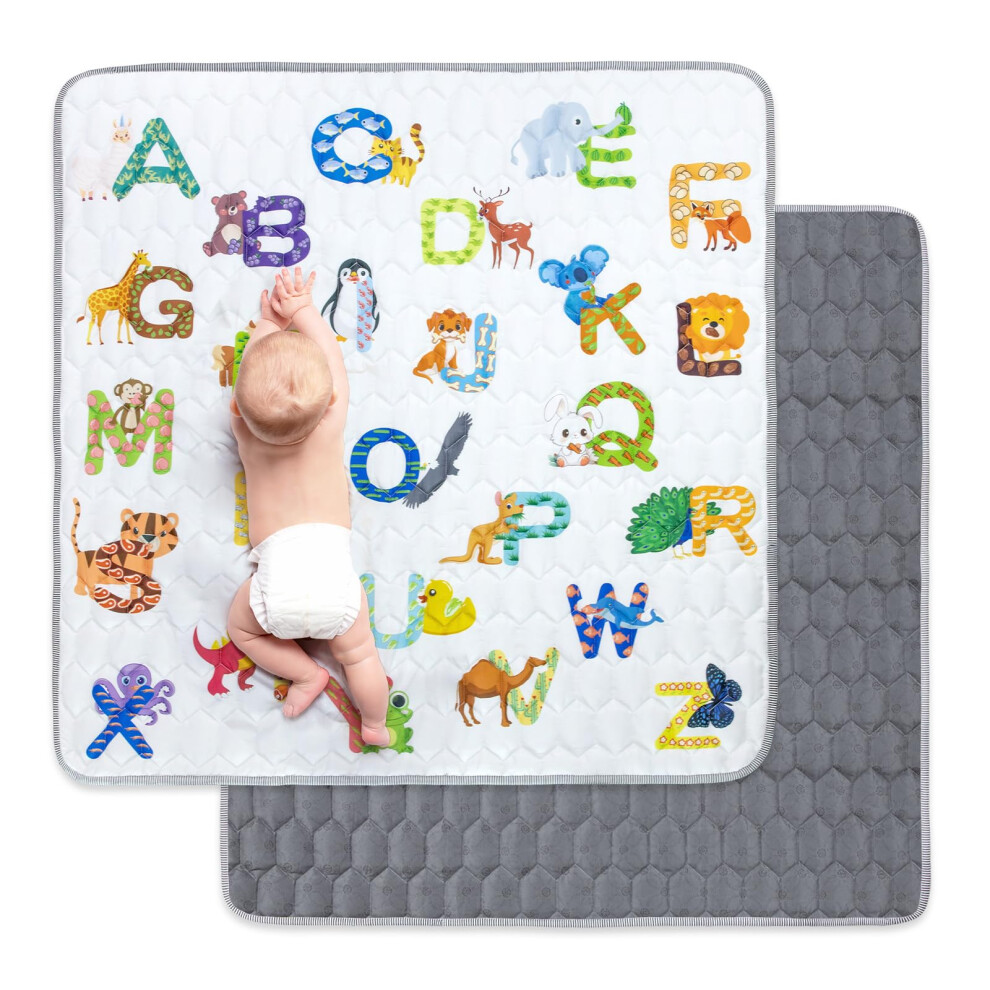 Baby Play Mat For Floor - 127X127cm Soft Playpen Mat Foldable, Cotton Waterproof Baby Tummy Time Crawling Mat, Non-Slip Animal Eat Letter Fo Funsland