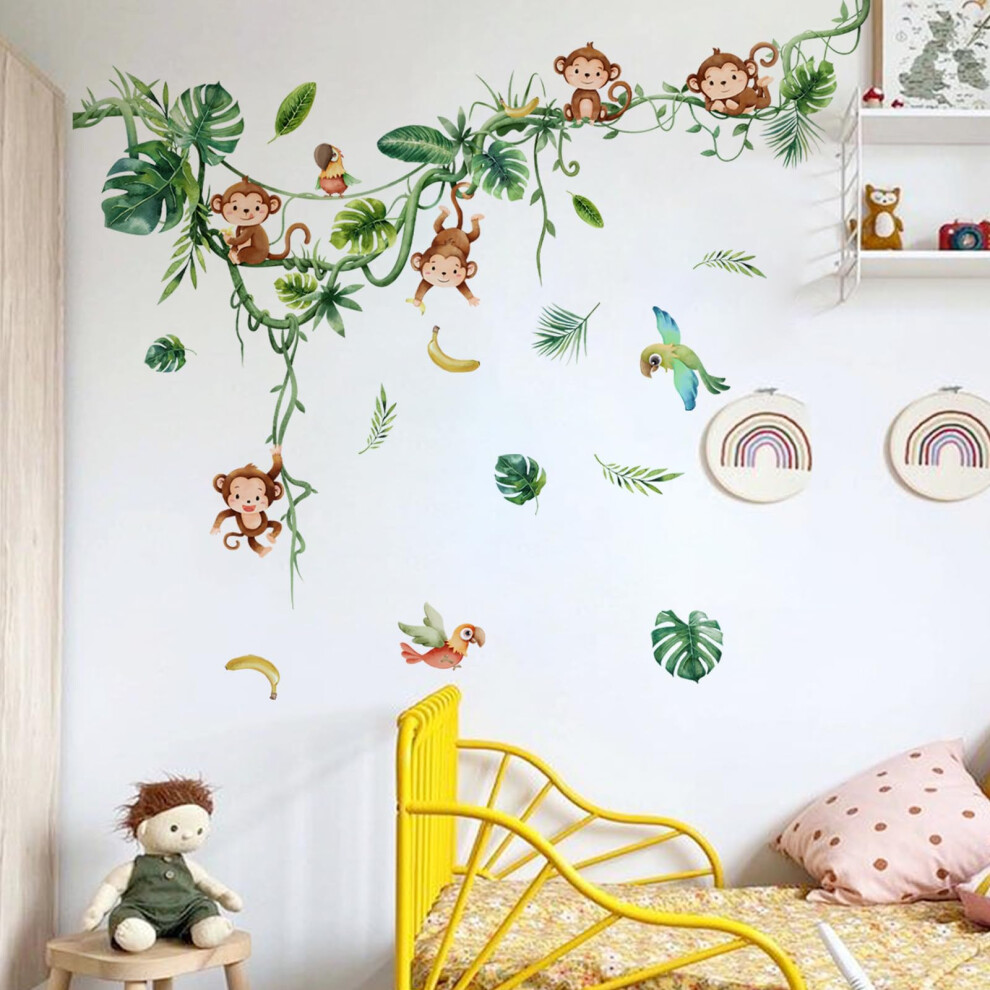 Monkey Climbing Vines Wall Stickers Peel And Stick, Jungle Animasl Wall Decals, Wall Decoration Art For Kids Bedroom Nursery Playroom Shuching
