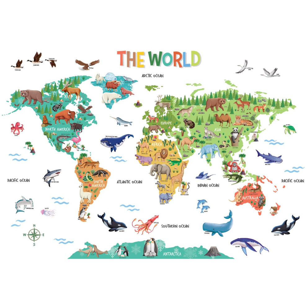Animal World Map Wall Stickers – Large Removable Animal Decals For Kids Nursery, Bedroom & Living Room Decor (Sg2-2423) Decowall