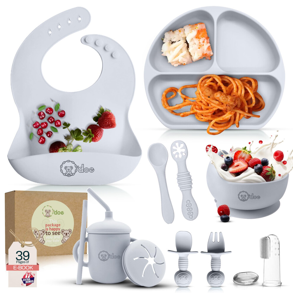 11-Piece Baby Led Weaning Feeding Supplies For Toddlers,Baby Feeding Set | Suction Silicone Baby Bowl Self Eating Utensils Set With Spoons, Bib O'doe