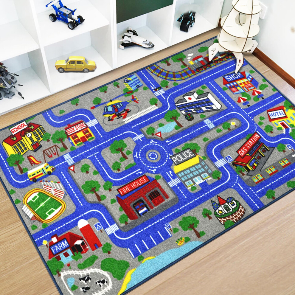Kids Play Rug Town City Road Car Mat 100X160cm Non-Slip Kid Carpet Playmat Machine Washable Exercise Mat Short Pile Learning Educational Are Capslpad