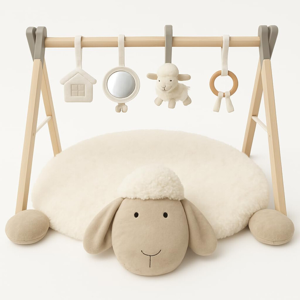 Booboo Baby Ewe & Me Play Mat Baby Gym | Wooden Activity Tummy Time Playmat | Ewe & Me Super Soft Sheep Design | X4 Detachable Sensory Toys
