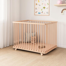 Mokee Ezee Playpen with Adjustable Base and Lockable Wheels - Foldable Wooden Play Pen for 6-24 Months - Solid Natural Beechwood 100 x 75cm (Natural