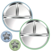 KATIMI 2PCS Baby Plates with Suction, Stainless Steel Suction Plate Baby, Silicone Feeding Set for Kids Weaning Supplies, BPA-Free (Blue, Green)