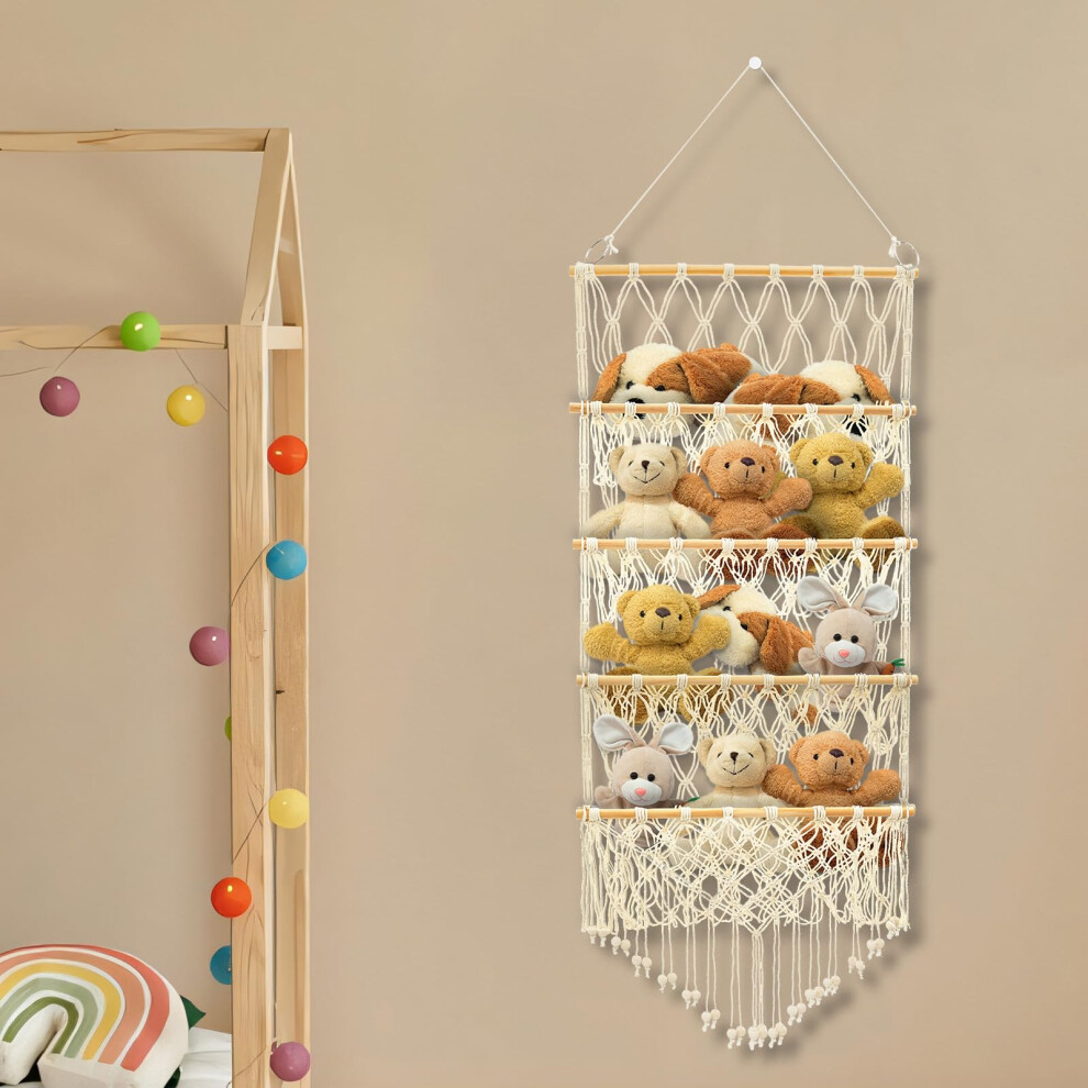 Pandahug Stuffed Toy Storage Hammock 4-Layer Large Capacity Toy Storage Net Bohemian Style Hanging Toy Organizer Washable Plush Doll Holder With 2 Hooks For K
