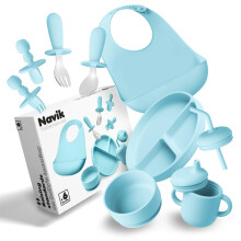 Navik | Silicone Baby weaning Feeding Set | Contains Divided Suction Plate | Baby Suction Bowl | Cutlery | Sippy and Straw Cup 6+ Months | Blue