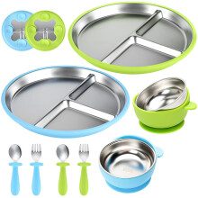 comeder 8 Pack Stainless Steel Baby Feeding Set with Suction, 2 Toddler Bowl & 2 Divided Plate & 2 Spoons and Forks Set for Baby Led Weaning Supplies