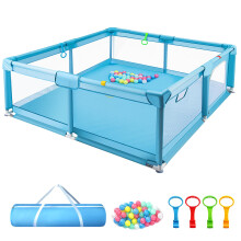 Trintion Baby Playpen for Toddlers with Soft Fabric Bumpers, Large Safety Play Yard with Mesh Walls, Ocean Balls & Pull Rings Included, Indoor & Outd