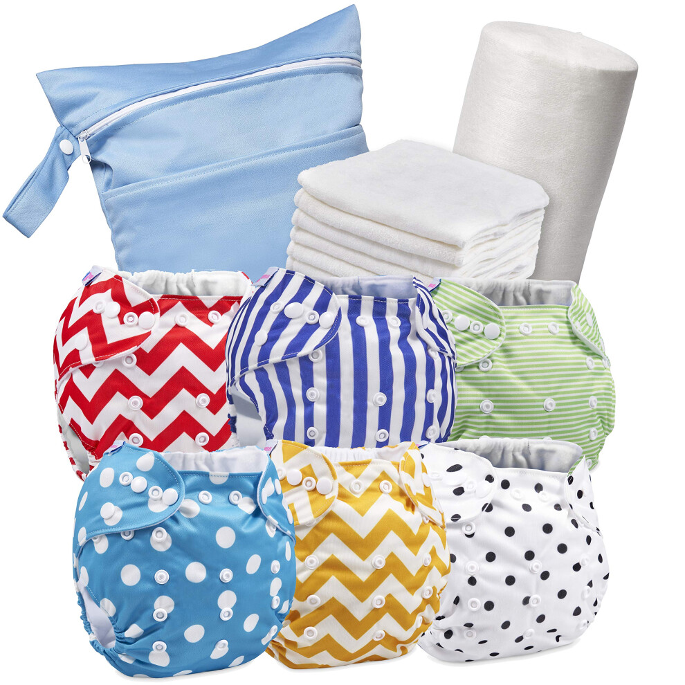 Reusable Nappies - Eco Friendly And Chemical Free Cloth Nappies - Includes 6 Washable Baby Diapers, 6 Bamboo Nappy Inserts, 1 Roll Of Biodegradable N Juicy Bumbles