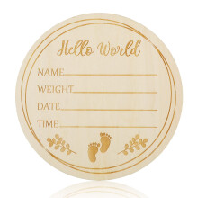 AIEX Wooden Baby Announcement Sign Hello World Plaque, 5.9 Inch Round Newborn Welcome Sign Baby Birth Sign Board for Baby Shower Photo Prop Hospital