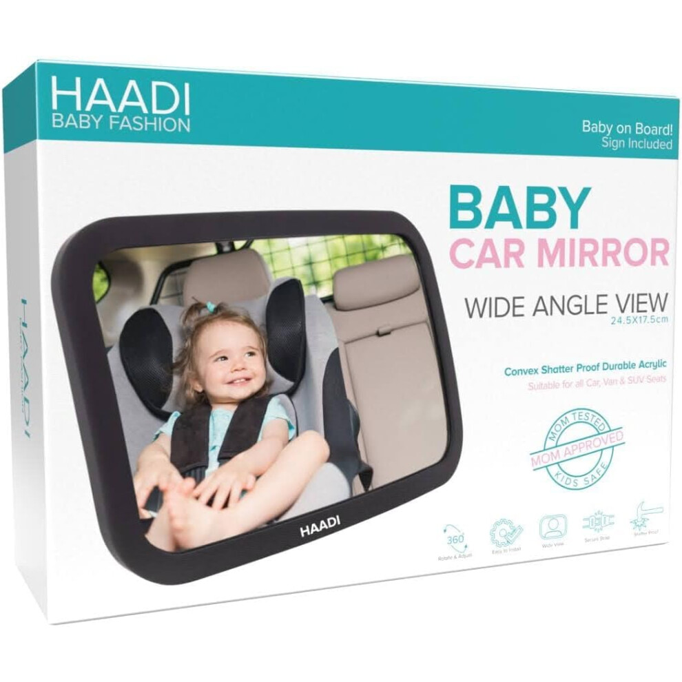 Haadi Baby Car Mirror Rear View - 360 Adjustable, Extra Wide Crystal Clear & Shatterproof Back Seat Baby Essentials To See Rear Facing Infants, Babies, K
