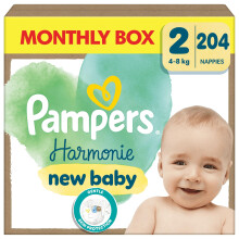 Pampers Harmonie Nappies Size 2, 204 Nappies, 4kg-8kg, Monthly Pack, Gentle Skin Protection with 100 Percent Pampers Protection