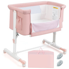 Maxmass 3 In 1 Bedside Crib, Co-Sleeping Baby Cot with Safe Strap, Soft Mattress, Universal Wheels and Carry Bag, Portable Moving Bassinet for 0-5 Mo