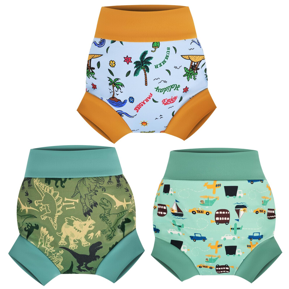 Moemoe Baby Swim Nappy Reusable Swim Nappies For Toddler,Non Absorbent Swim Diapers Washble Swim Nappy For Boy And Girls,3 Pack,2 Years,Dinosaur+Coco