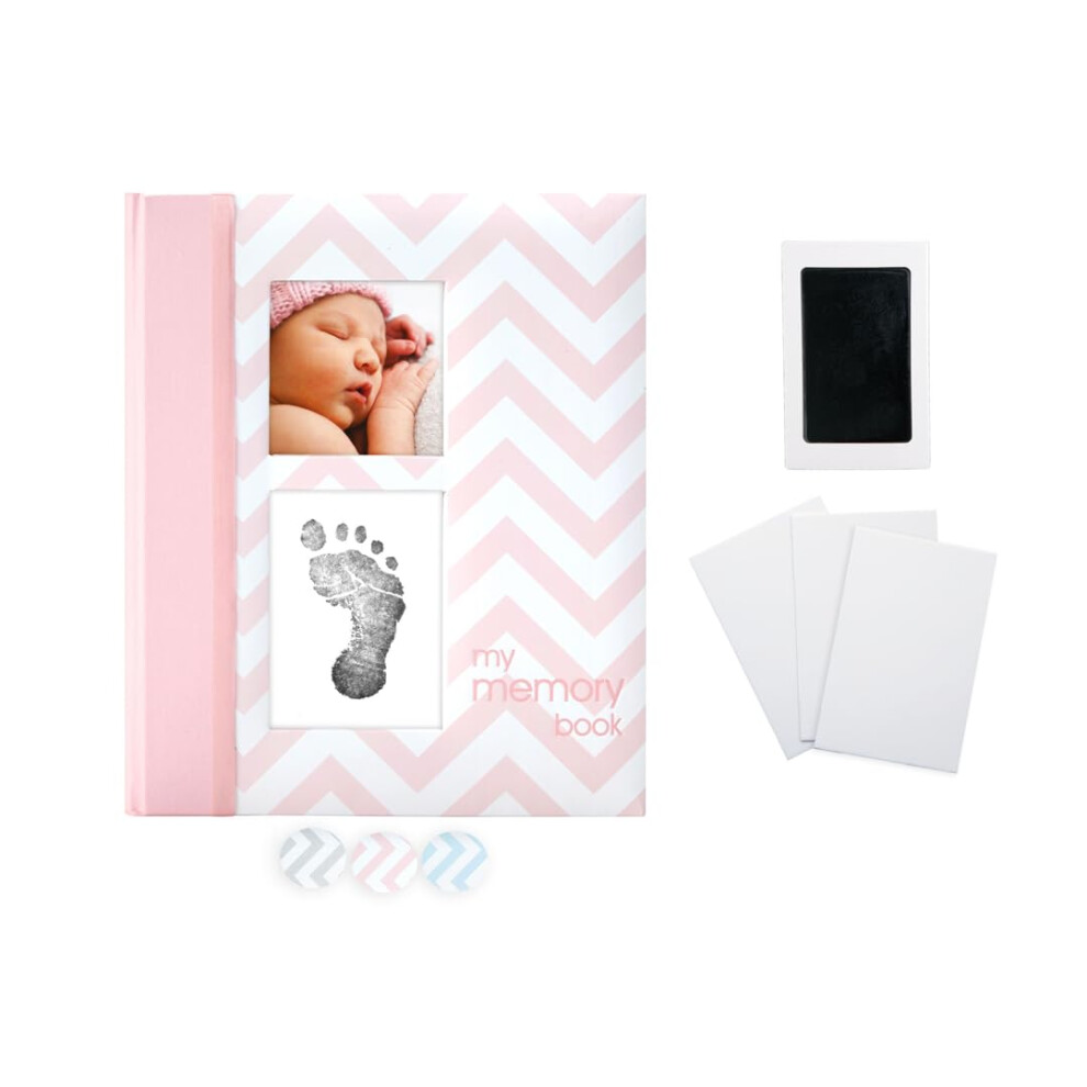 First 5 Years Chevron Baby Memory Book With Clean-Touch Safe Ink Pad For Handprint Or Footprint, Girl Keepsake Book, Imprint Kit Included, P Pearhead