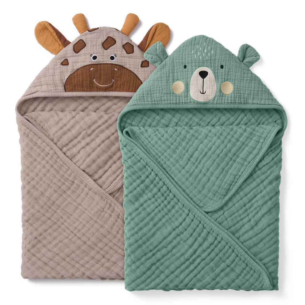 Blissful Diary Muslin Baby Hooded Towel 2 Pack, Soft & Absorbent Bath Towel For Infant, Toddler, Unisex, Baby Gift, Newborn Essentials, Bear & Giraff
