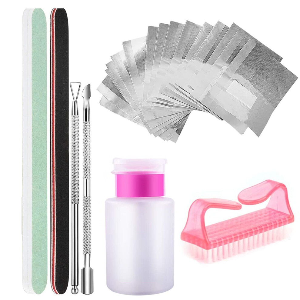 Nail Polish Remover Kit with 100 Foil Wraps, Cuticle Pushers, Nail File, Buffer and Pump Bottle
