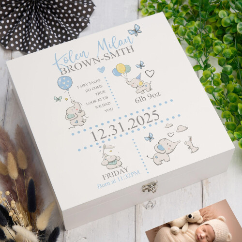 ukgiftstoreonline Personalised Baby Boy Elephants Design Keepsake Memory Box 2