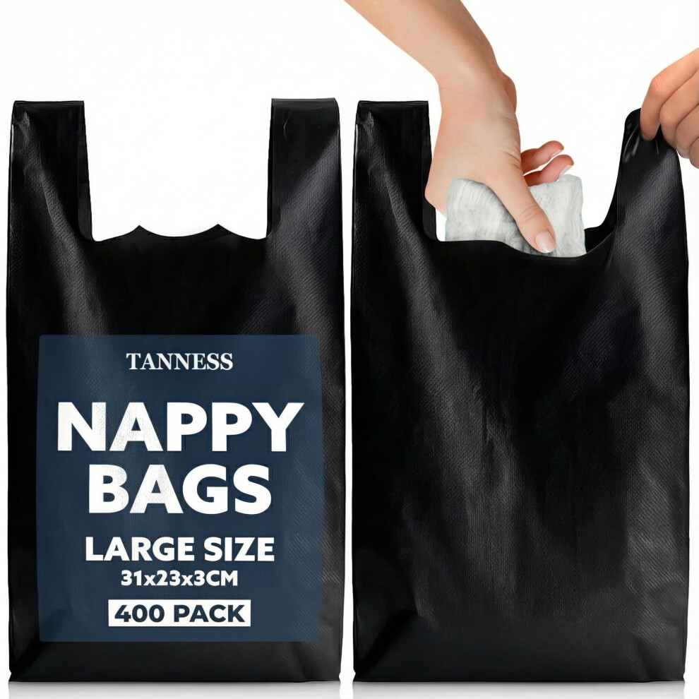 Tanness Adult Nappy Bags – 400 Pack, Extra-Thick Disposable Sacks With Tie Handles, Odour-Free And Discreet Black Sanitary Disposal Bags