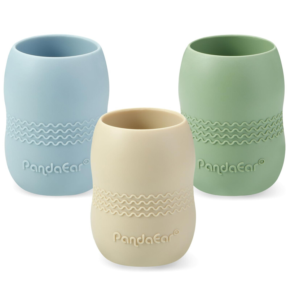 3 Pack Silicone Sippy Cup 6+ Months, Tiny Drinking Cup For Infants Kids, Open Weaning Cup, Non Spill Cups For Toddler (/Tan) Blue/Green Pandaear
