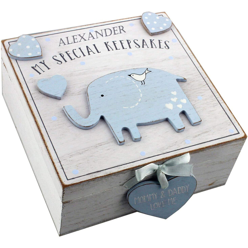 Personalised Elephant Keepsake Box - Baby Memory Box Personalised Keepsake Vintage Wooden Memory Box Room Decor Jewellery (, Customised) Blue Hoolaroo