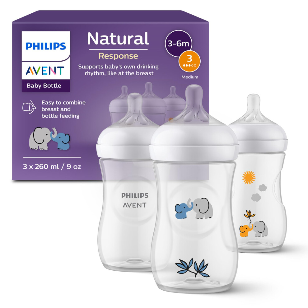 Avent Natural Response Baby Gift Set, 3 Natural Response Baby Bottles 260 Ml With T3 (1 M+ Teats), Scy903/63 Philips