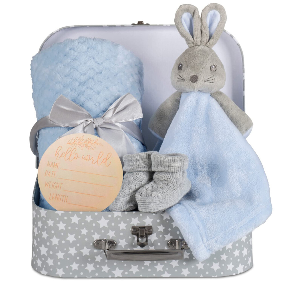 New Baby Hampers Gift Set New Baby Giftd Boy Unique Suitcase Memory Box Cute Soft Newborn Baby Gifts Boy Congratulations Milestone Bunny Comfort Blue Hoolaroo