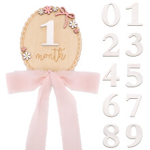 Wooden Baby Monthly Milestone Sign, 0-12 Months Newborn Milestones Card with Cute 3D Flowers Designs & Pink Ribbon Ideal Photo Prop for Recording Bab