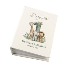 Personalised Baby's First Birthday Photo Album, Animal Illustrations Design, 16.7 x 12.5 cm, 100 6x4 Photo Capacity, Individual Protective Sleeves