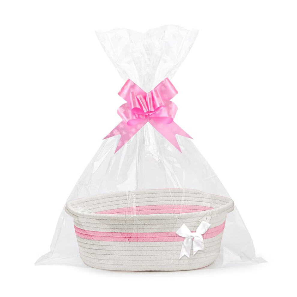 Lotvic Gift Basket, Hamper Kit, Empty Hamper Basket With Cellophane Bags And Pull Bows, Rope Gift Baskets With Handles, Woven Gift Baskets For Baby S