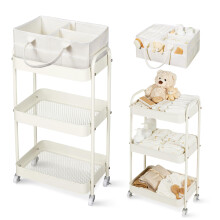 Fortella Nappy Caddy Organizer, 3-Tier Storage Trolley on Wheels, Bedroom Storage Baby Essentials for Newborn Nursery Changing Table, Easy Assembly,