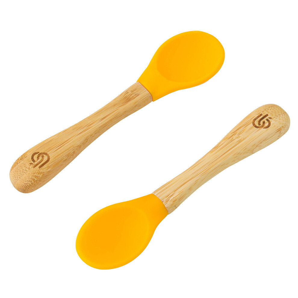 Bamboo Bamboo Baby Weaning Spoons Set Of 2 | Bamboo With Soft Silicone Tips | Ergonomic Easy Grip Handles | Bpa-Free (Set Of 2, Yellow)
