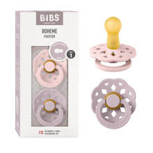 BIBS Boheme Soother 2-Pack. BPA Free. Round Nipple, Natural Rubber Latex, Made in Denmark. Size 1 (0-6 Months), Blossom/Dusky Lilac
