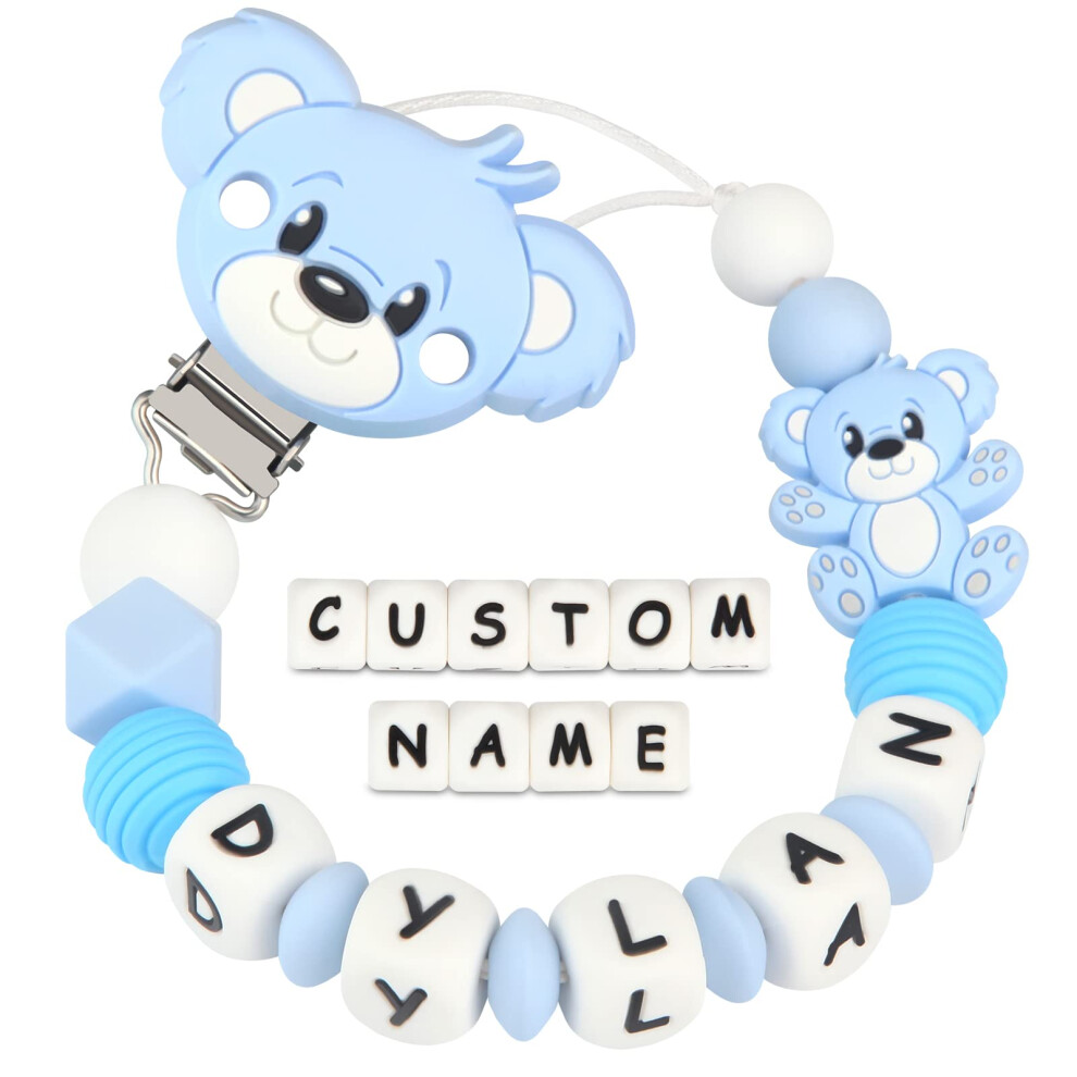 Dummy Clips Personalised Name For Boys Girls Soother Chain Teddy Bear Customized Pacifier Holder( Blue) Light/Blue Kowlone