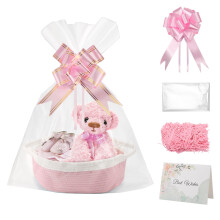 Nagoyuki Gift Basket Hamper Kit,Rope Basket Empty Baby Gift Baskets Kit with Bows Cellophane Bags Greeting Cards Shredded Paper Woven Baskets for Bab