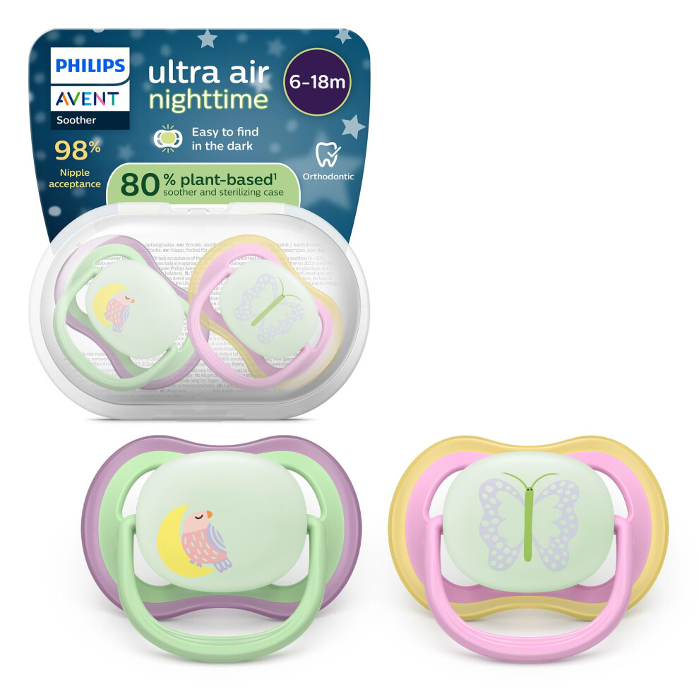 Avent Dark Philips Ultra Air Nighttime Soothers - Orthodontic Design, For Babies 6-18 Months, Glow In The Soft Silicone Symmetrical Teat, Bpa-Free,