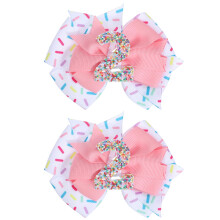 Ouligay 2PCS Birthday Hair Bows Clips for Baby Girls Pink Hair Bow Confetti Ice Cream 2nd Birthday Hair Clip Hair Accessories Decorations