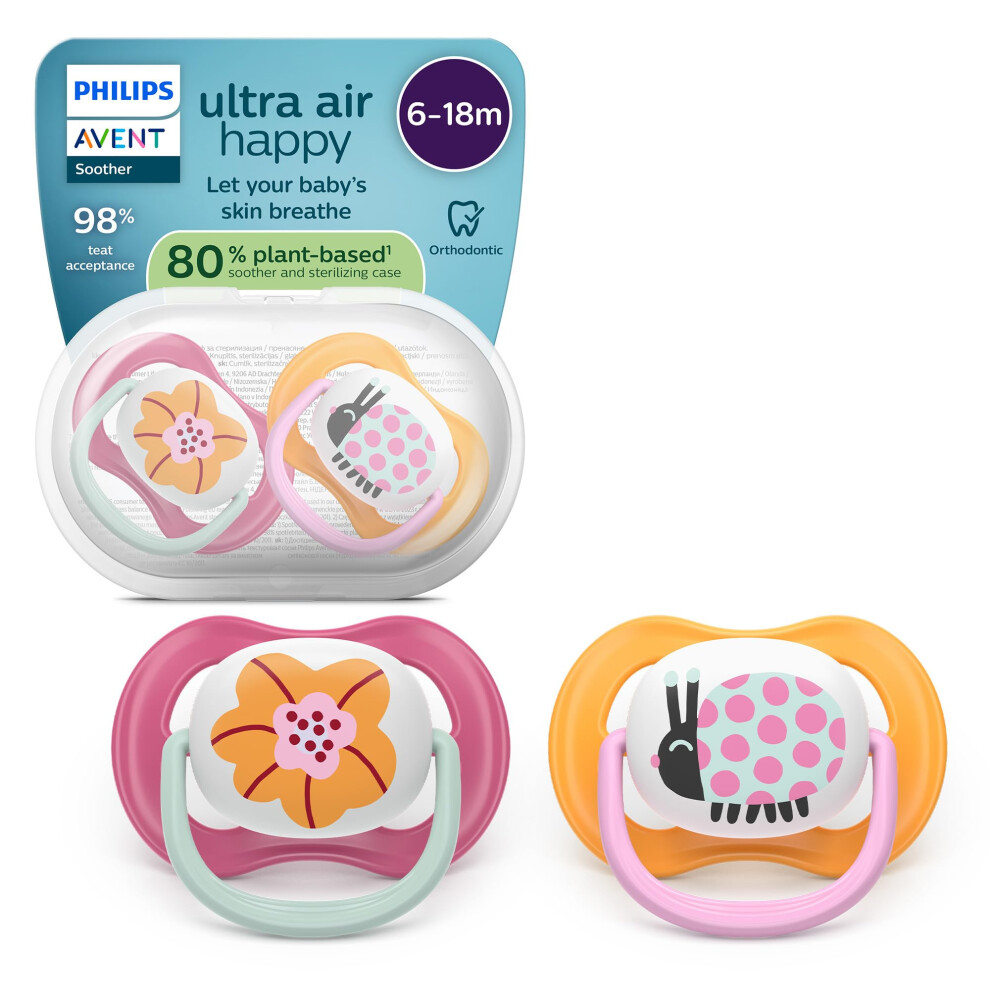 Avent Philips Ultra Air Soothers - Orthodontic Design, For Babies 6-18 Months, Soft Silicone Symmetrical Teat, Bpa-Free, With Sterilizing Case, 2 Pac