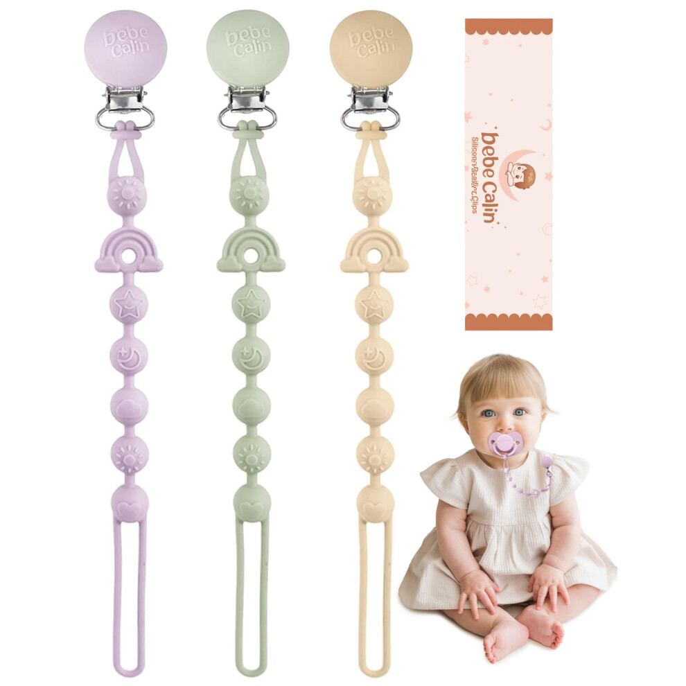 Pacifier Clip - Mam Pacifier Clip And Bib Pacifier Clip, Fits Most Pacifiers And Teething Toys, Unisex, 3-Pack (Sage, Apricot, ) Purple Bebecalin