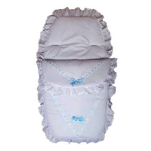Chic White Polycotton Baby Foot Muffs with Blue Lace Ribbons - Cozy Elegance for All Seasons, Ideal for Strollers, Prams, and Buggies