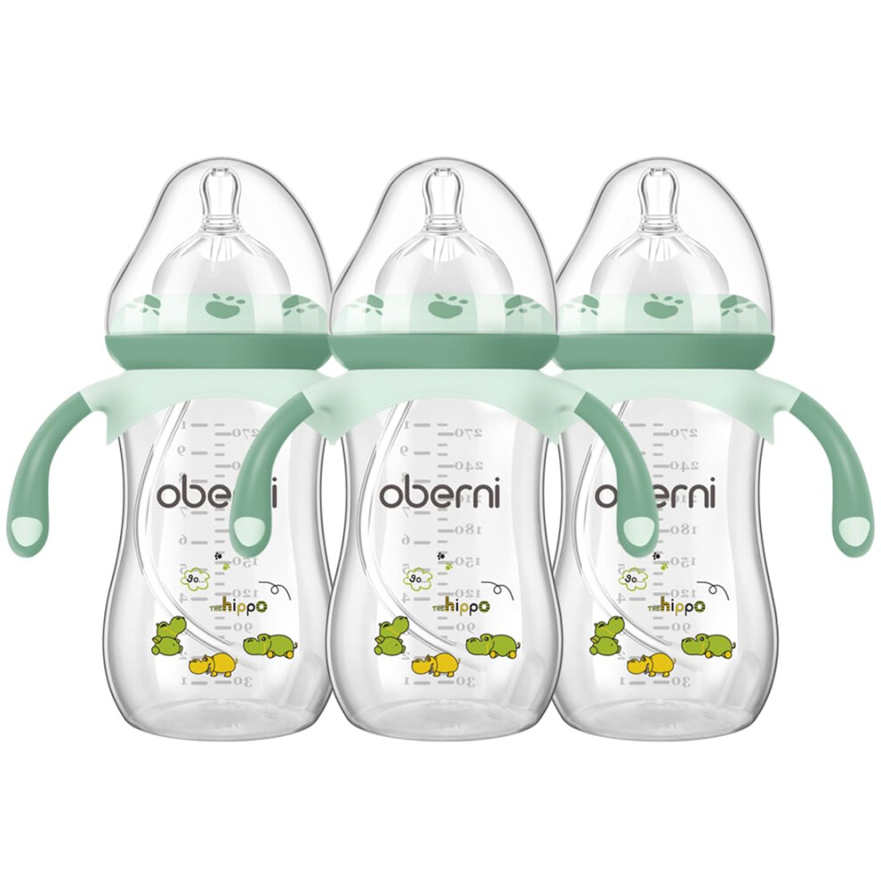 Anti-Colic Baby Bottle With Size 4 Breast-Like Teat, Non-Slip Handles, Weighted Straw For 12 Months Newborn Babies, 270Ml/9Oz/Green/3Pack Green Oberni