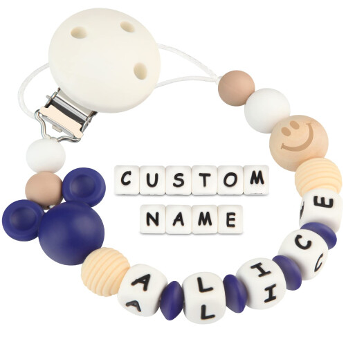 Dummy Clips Personalised Name for Boys Girls Soother Chain Mouse Customized Pacifier Holder(Blue)
