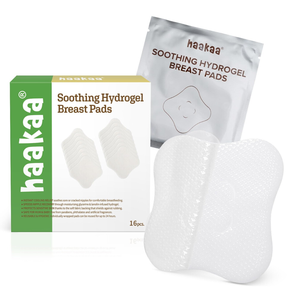 Soothies Hydrogel Nipple Pads With Lanolin, Gel Nursing Pads Provides Cooling Relief For Sore Nipples, Breastfeeding Essentials, 16 Pcs Haakaa